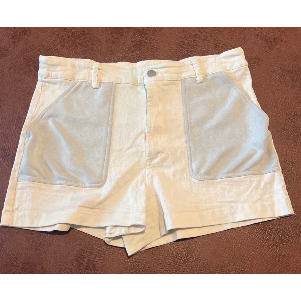 Avec Les Filles Womens High Rise Mixed Media Denim Shorts Cream Blue Size L